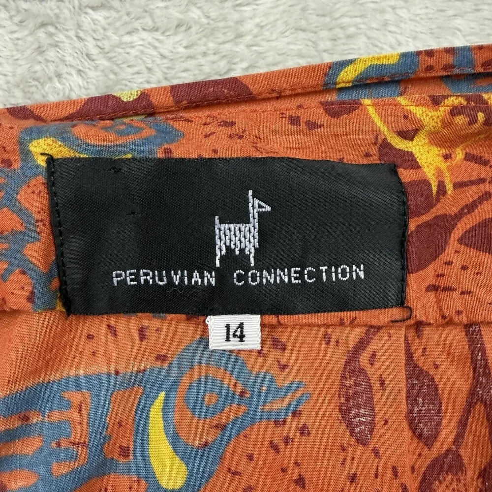 Peruvian Connection Skirt Womens 14 Orange Bird Print Wrap Pima Cotton Midi Boho